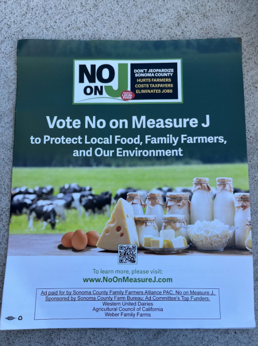 A No on J flyer that contains information relating to the measure, as well as a list of political figures and local businesses who oppose Measure J (Photo By: Jack Omholt).